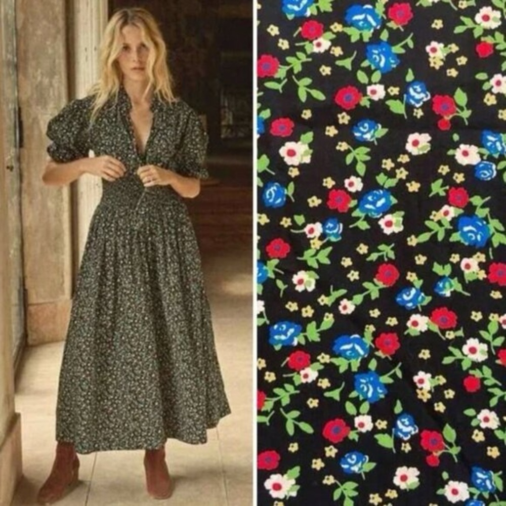 Doen Dôen Everly Shirred Dress Montpellier Floral XS Cotton Poplin Midi